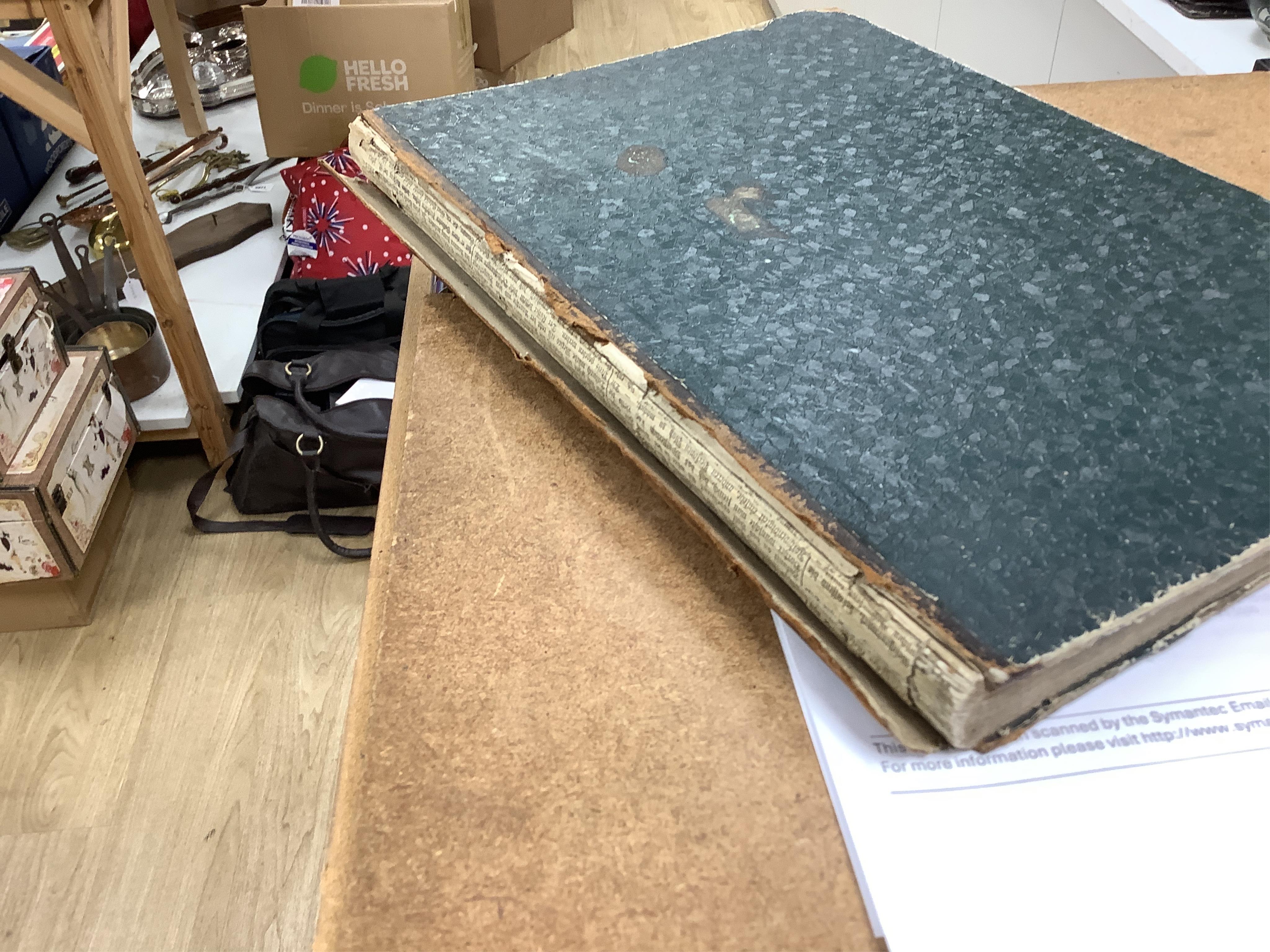 An album of 18th century and later etchings after William Hogarth (1697-1764), to include 'The Reward of Cruelty', 'Strolling Actresses Dressing in a Barn' and 'The Company of Undertakers', with handwritten ink itinerary